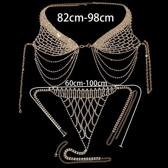Tassel Underwear Rhinestone Bra Thong Lingerie Body Chain Bikini Body Jewelry - Picture 7 of 7